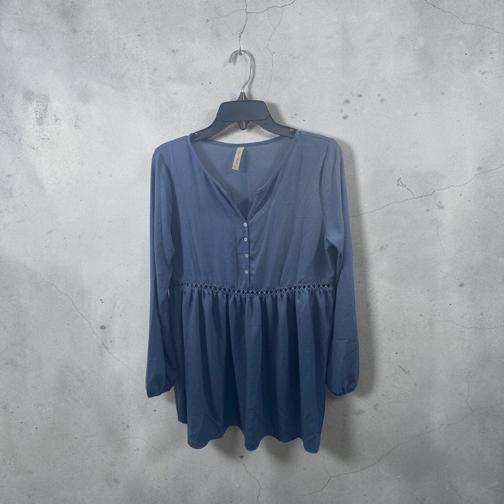 Final Touch Blue Long Sleeve Empire Waist Crochet Trim Tunic Blouse Large